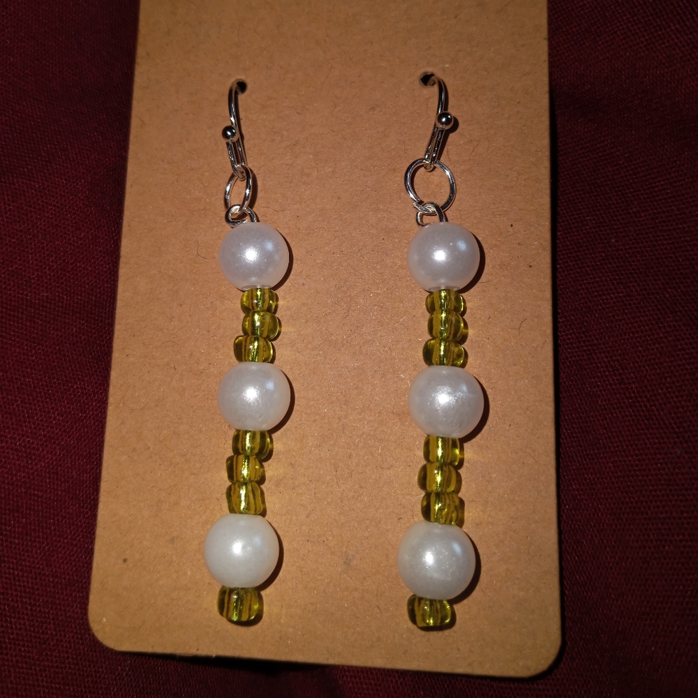 Hand Crafted Lime green and pearl dangling drop statement earrings